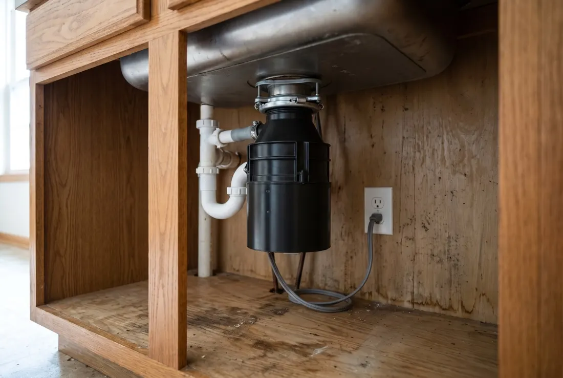 The disposal, under the kitchen sink