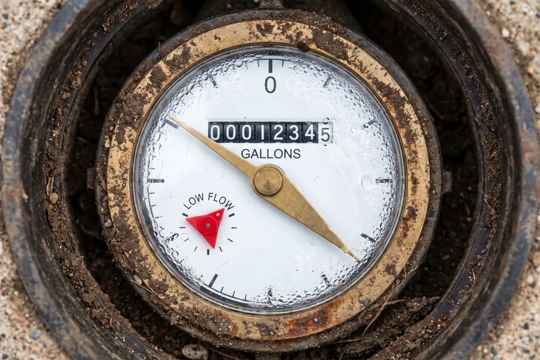 A water meter dial with the small red leak indicator