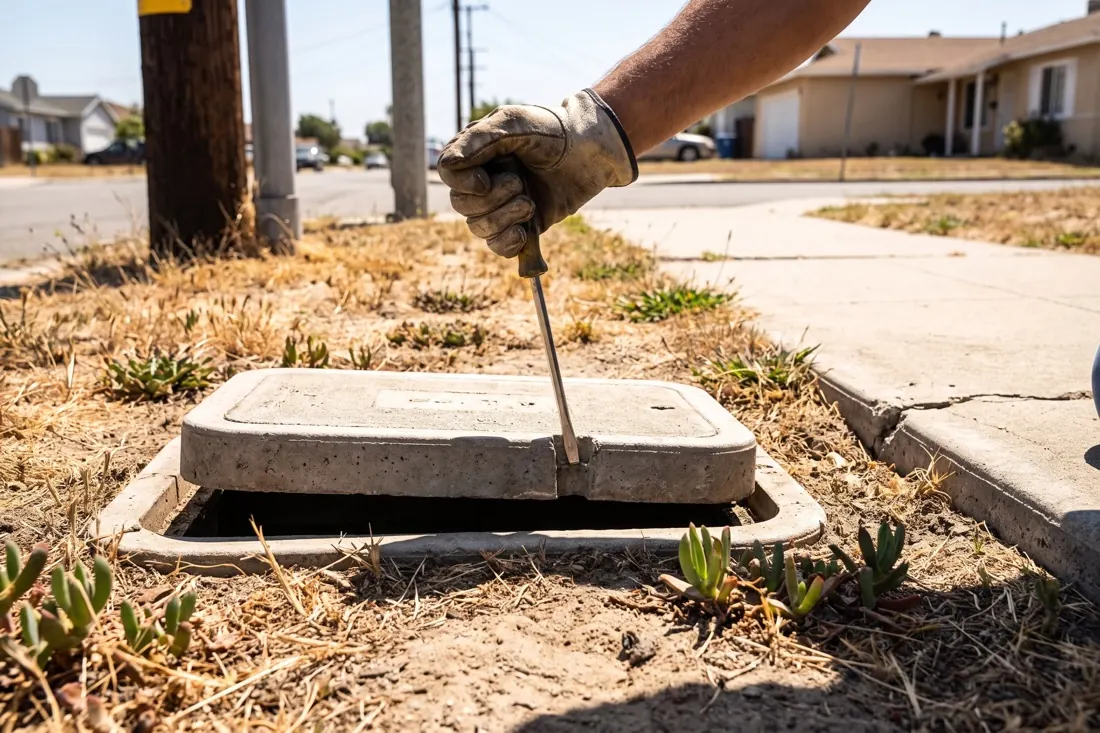 Lifting a water meter box lid with a screwdriver