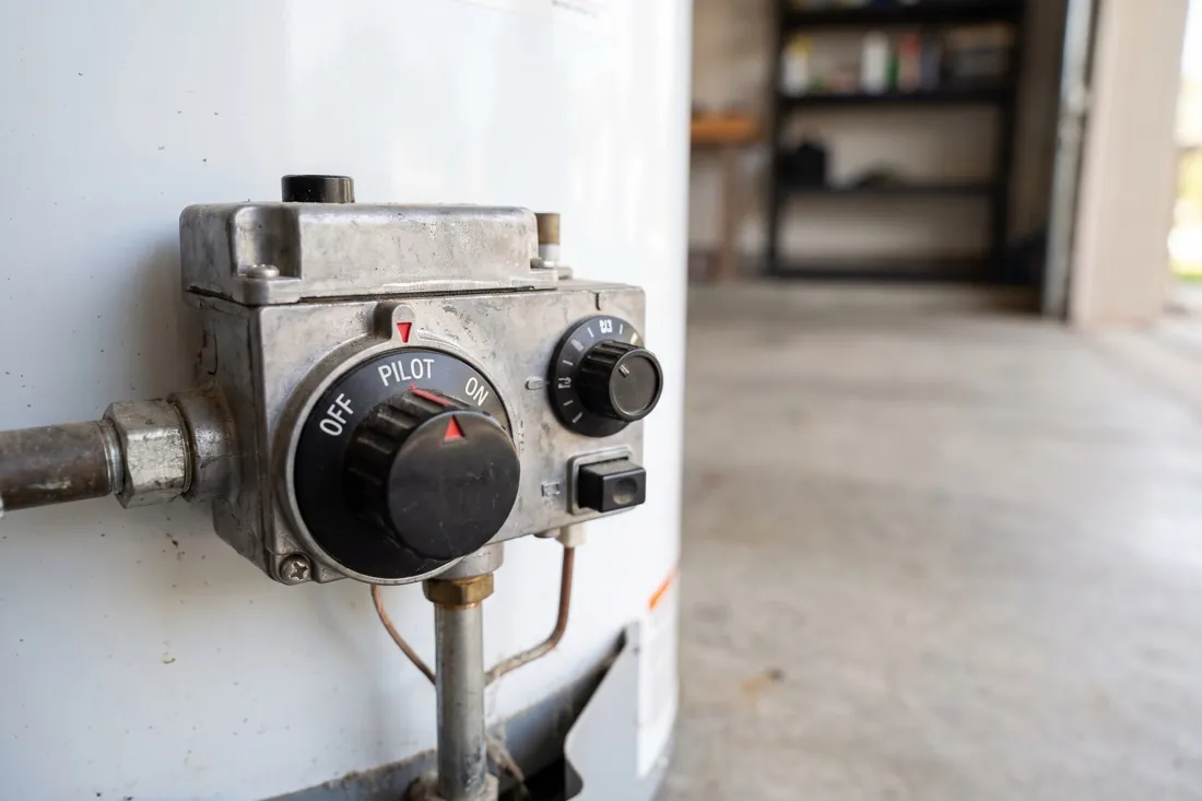 The gas control knob, marked OFF, PILOT, and ON