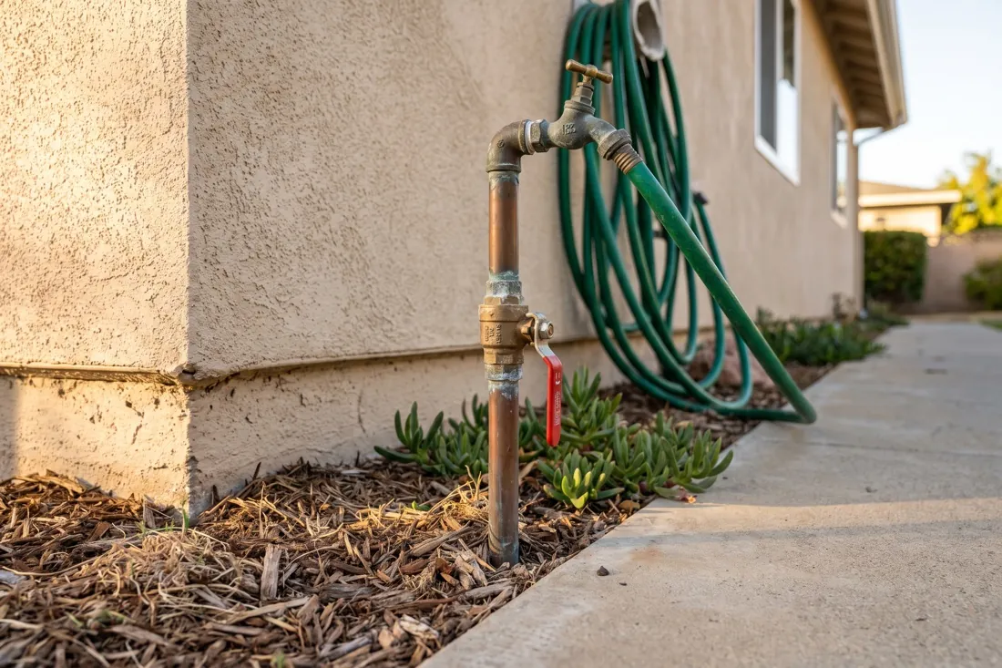 A main water shutoff on the pipe rising from the ground at the front of a house