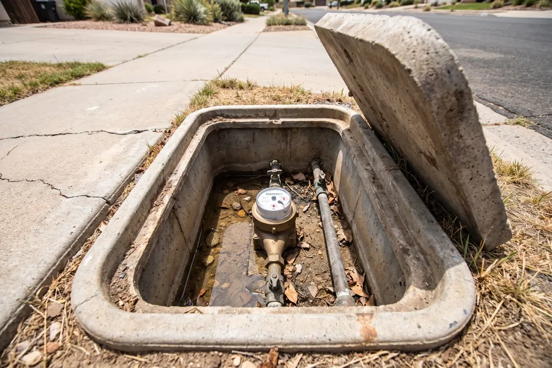 An open water meter box with the leak indicator dial