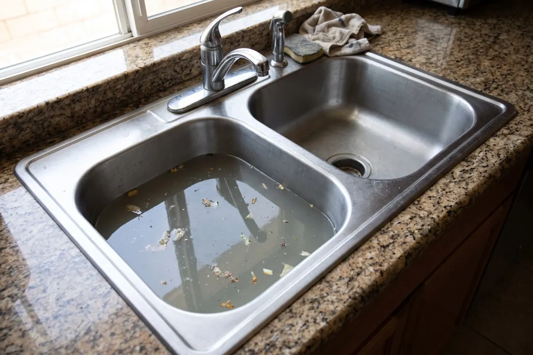 A double kitchen sink with one basin backed up