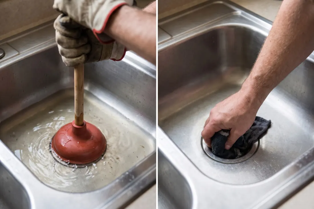 Plunging one basin while a wet rag seals the other drain