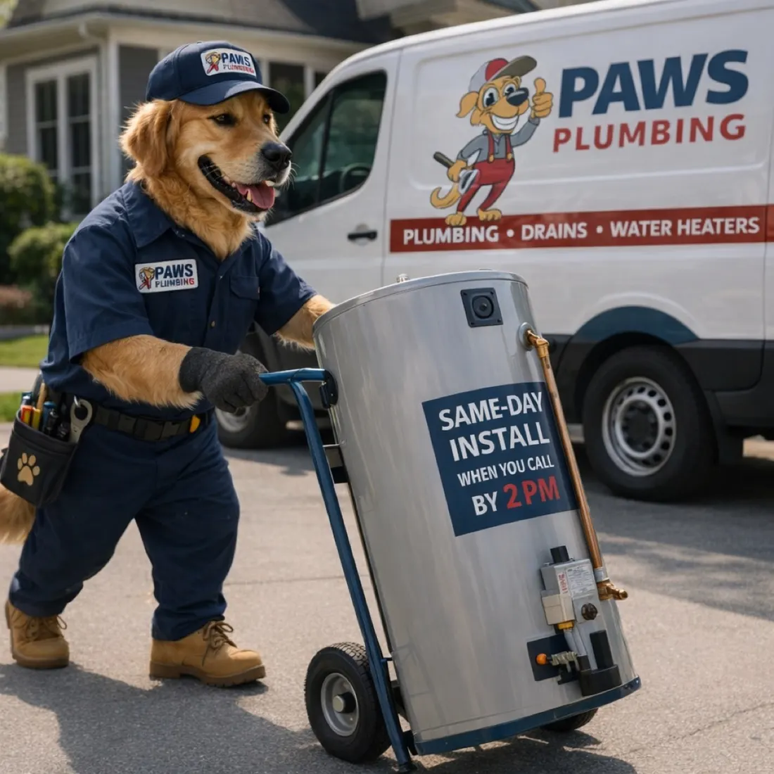 Paws Plumbing same-day water heater delivery