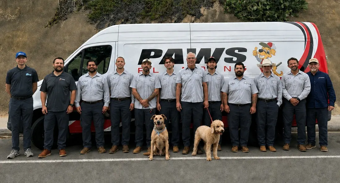 The Paws Plumbing team and shop dogs in front of a Paws van