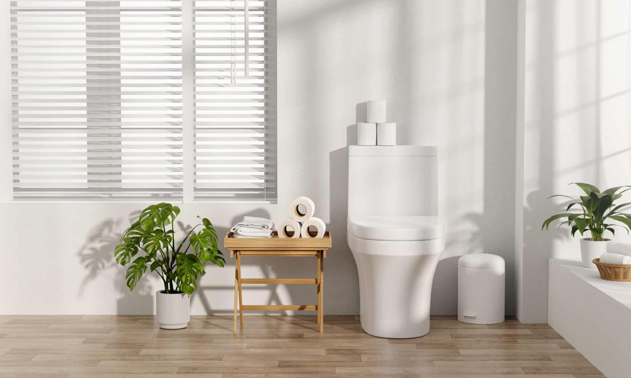 Bathroom with plenty of toilet paper, fresh hand towels, Holiday toilet use.